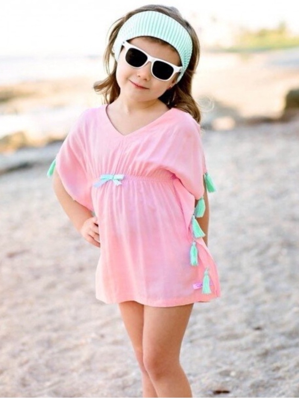 RuffleButts Aqua Tassel & Pink Kaftan Cover-Up Youth Girl's Toddler